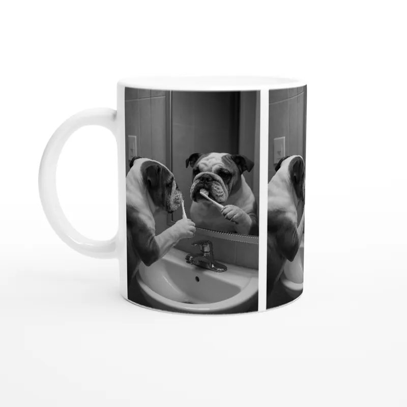 Bulldog Cleaning His Teeth - White 11oz Ceramic Mug