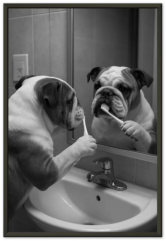 Funny Bulldog Cleaning Teeth - Metal Framed Poster