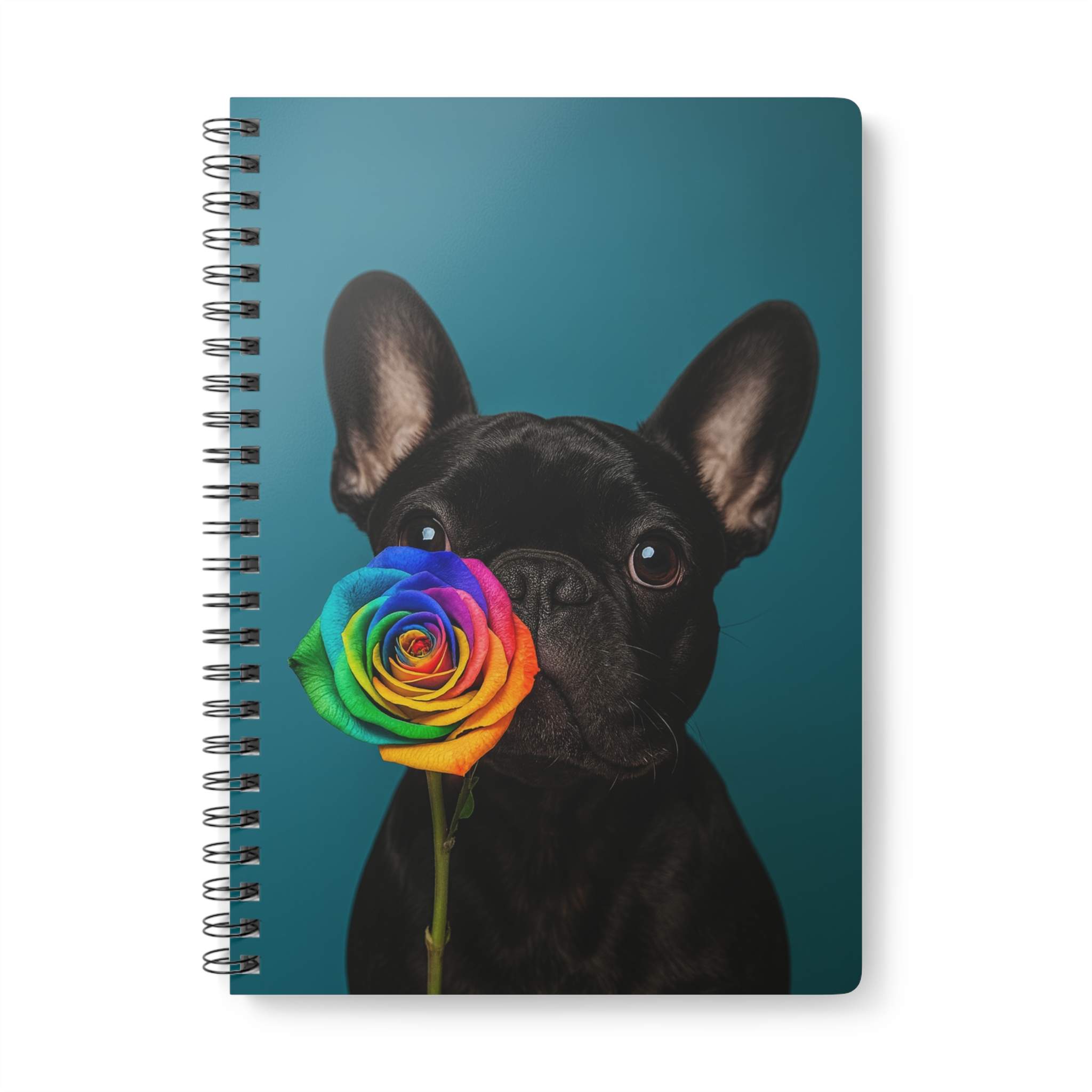 French Bulldog with Rainbow Rose Spiral Notebook A5