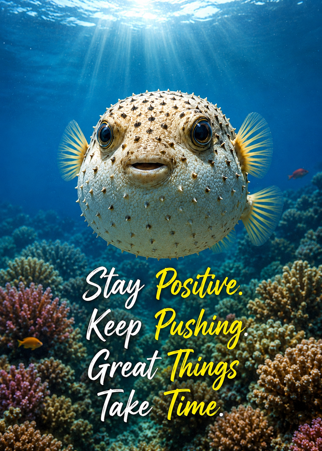 Stay Positive Keep Pushing Great Things Take Time Pufferfish Poster